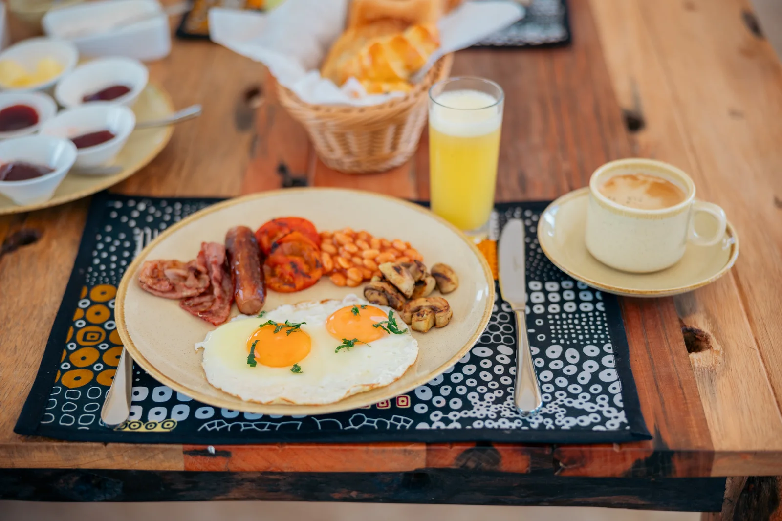 Breakfast with eggs, toast, coffee and fresh juice at Mayai Ocean Resort
